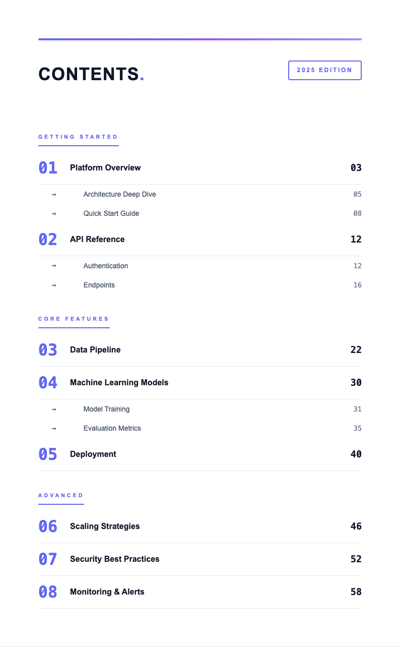 Bold contemporary table of contents